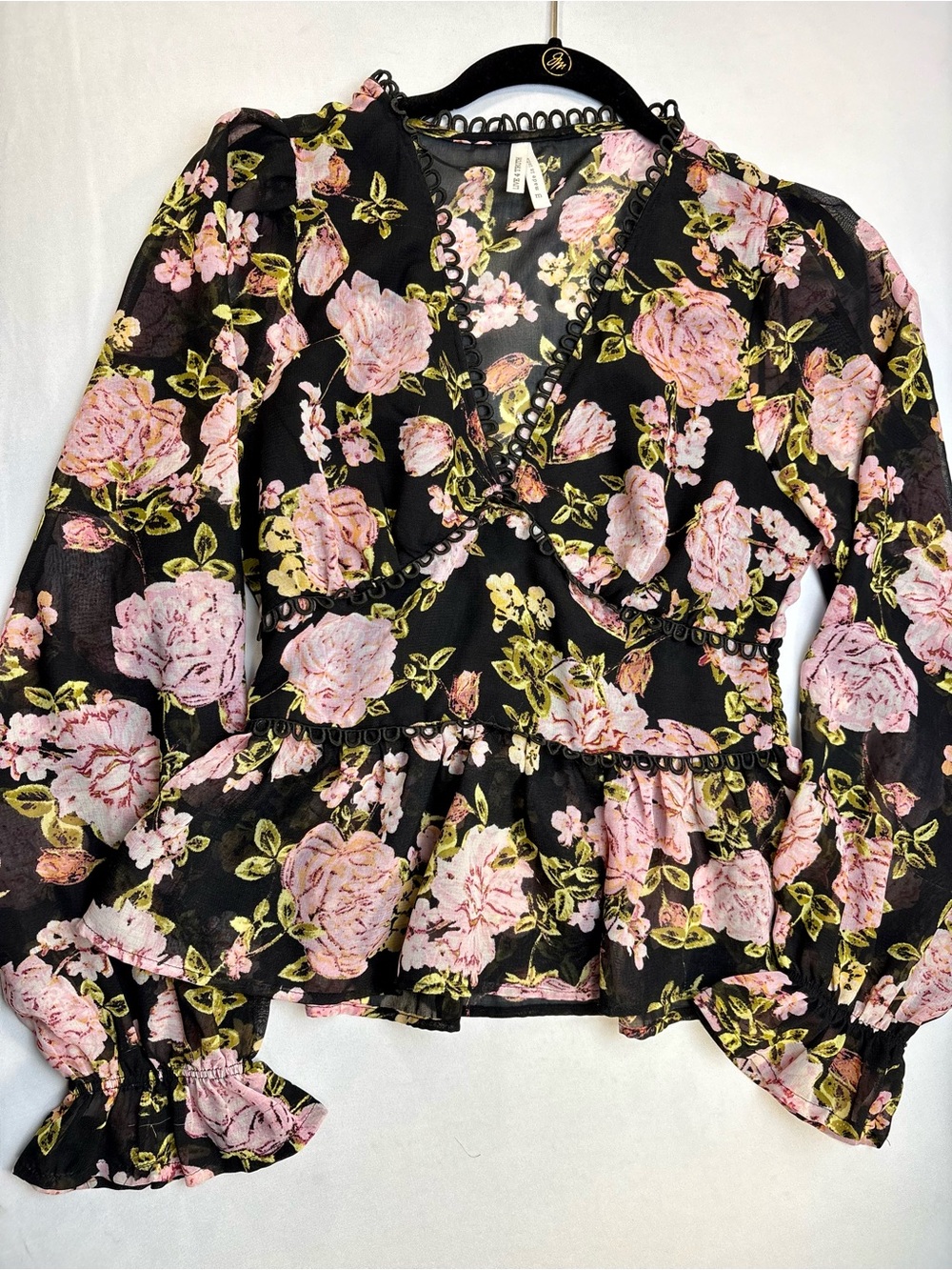 Babydoll Top Black Pink Floral Sheer Lace Romantic Y2K Feminine Peplum medium